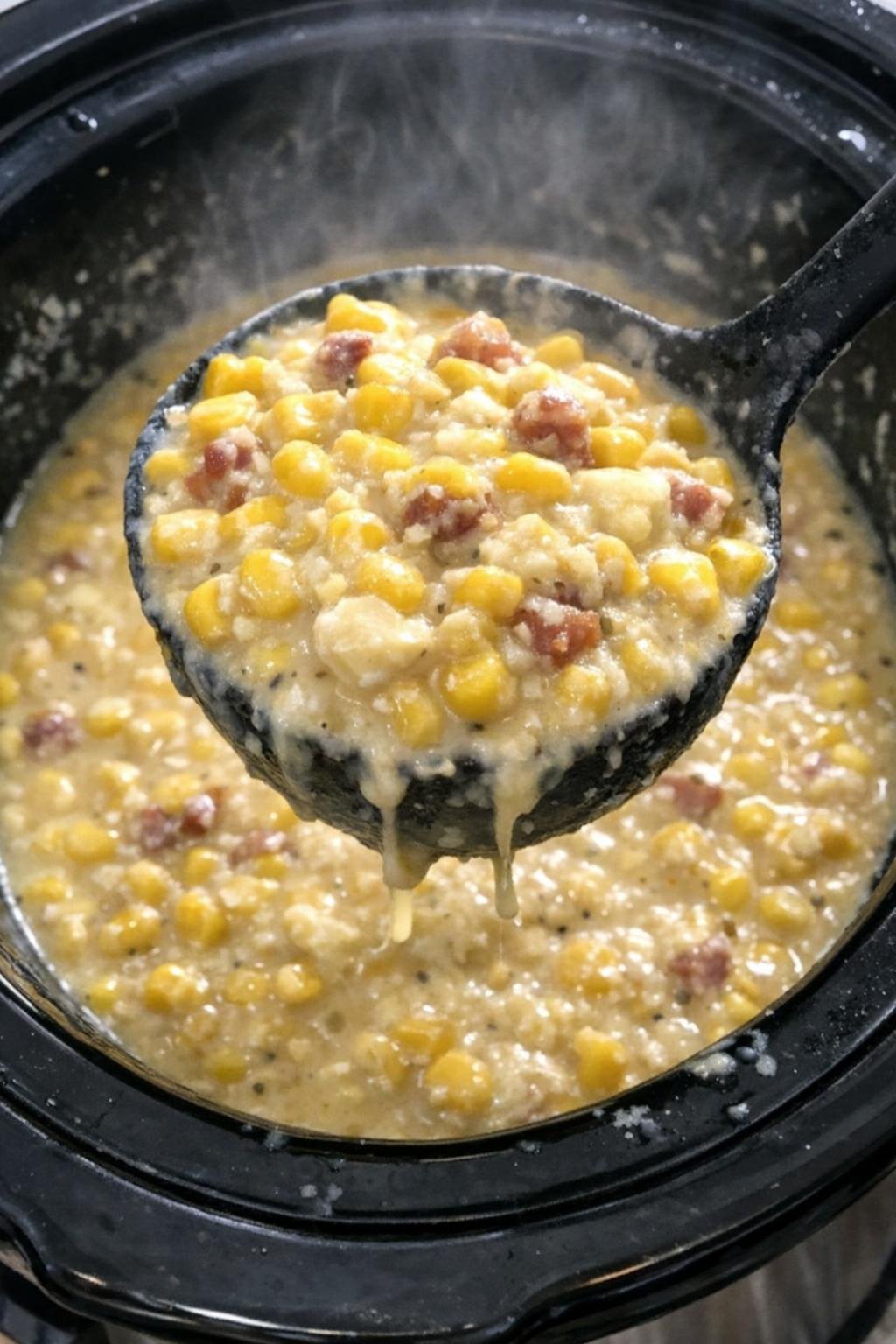 Golden sweet corn in a black slow cooker insert