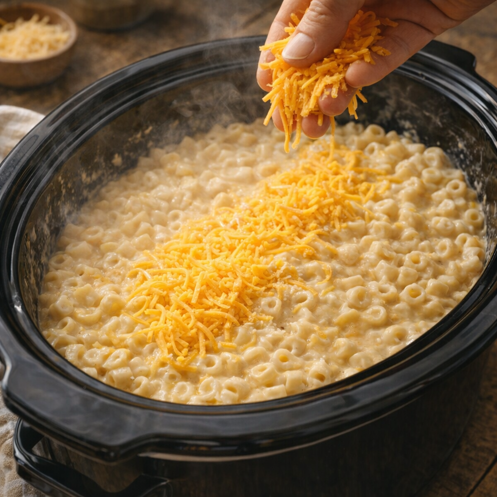 Fresh cheddar sprinkled over cooked pasta in slow cooker