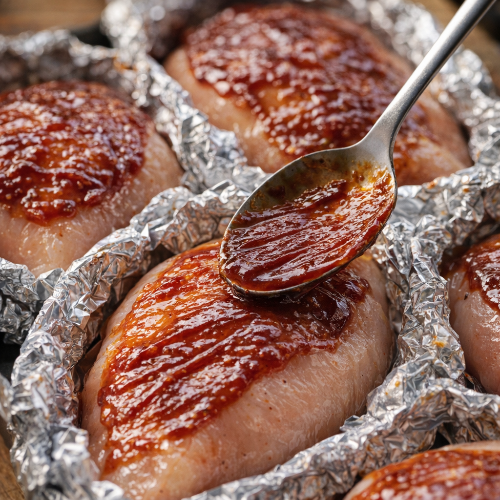 Chicken breasts coated with barbecue sauce in foil packets