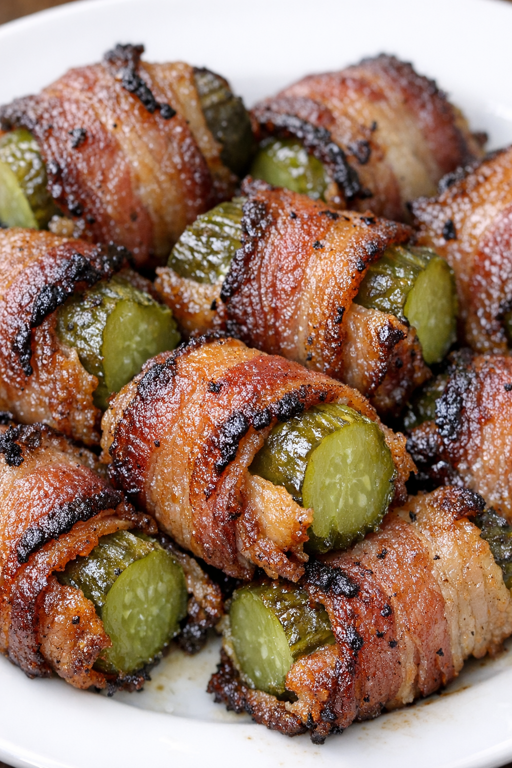 Low carb 2-ingredient bacon pickle bites on a white plate