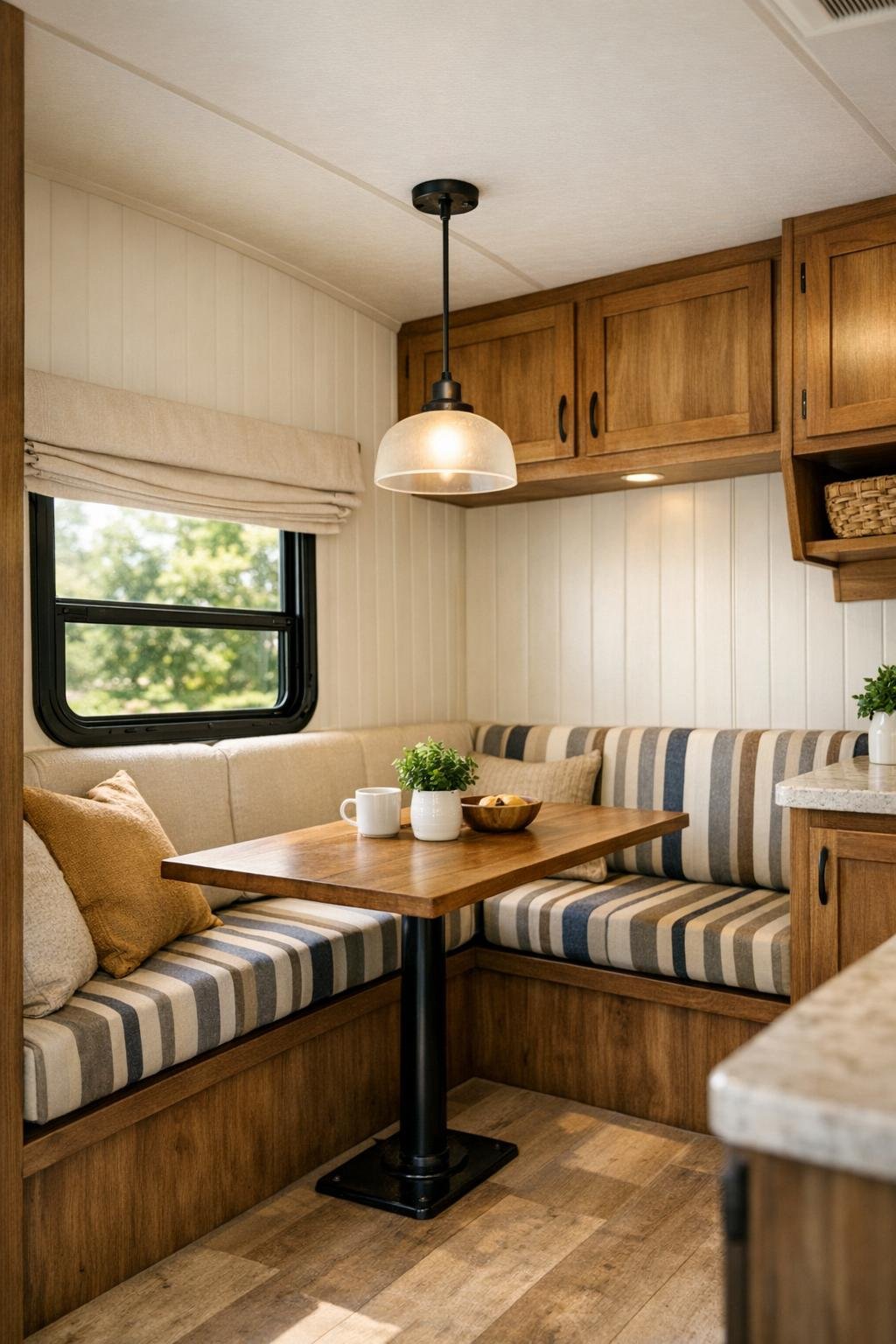 Compact camper dining nook with banquette seating and wood table