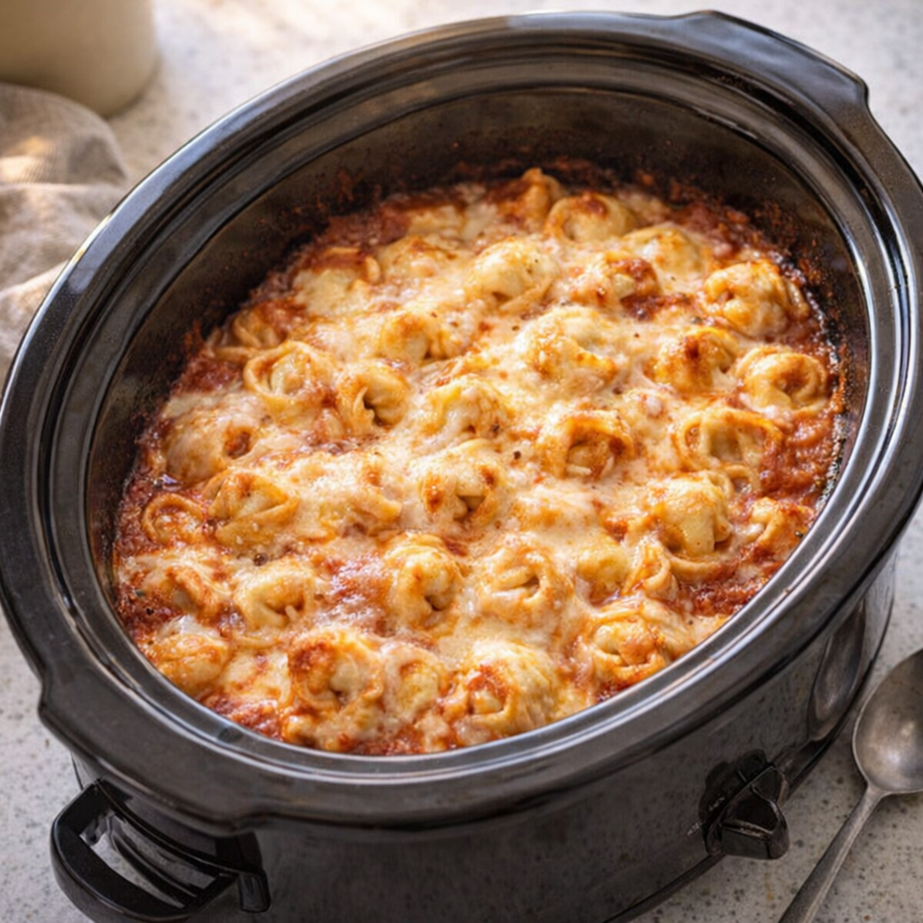 Slow cooker tortellini bake in a cozy kitchen