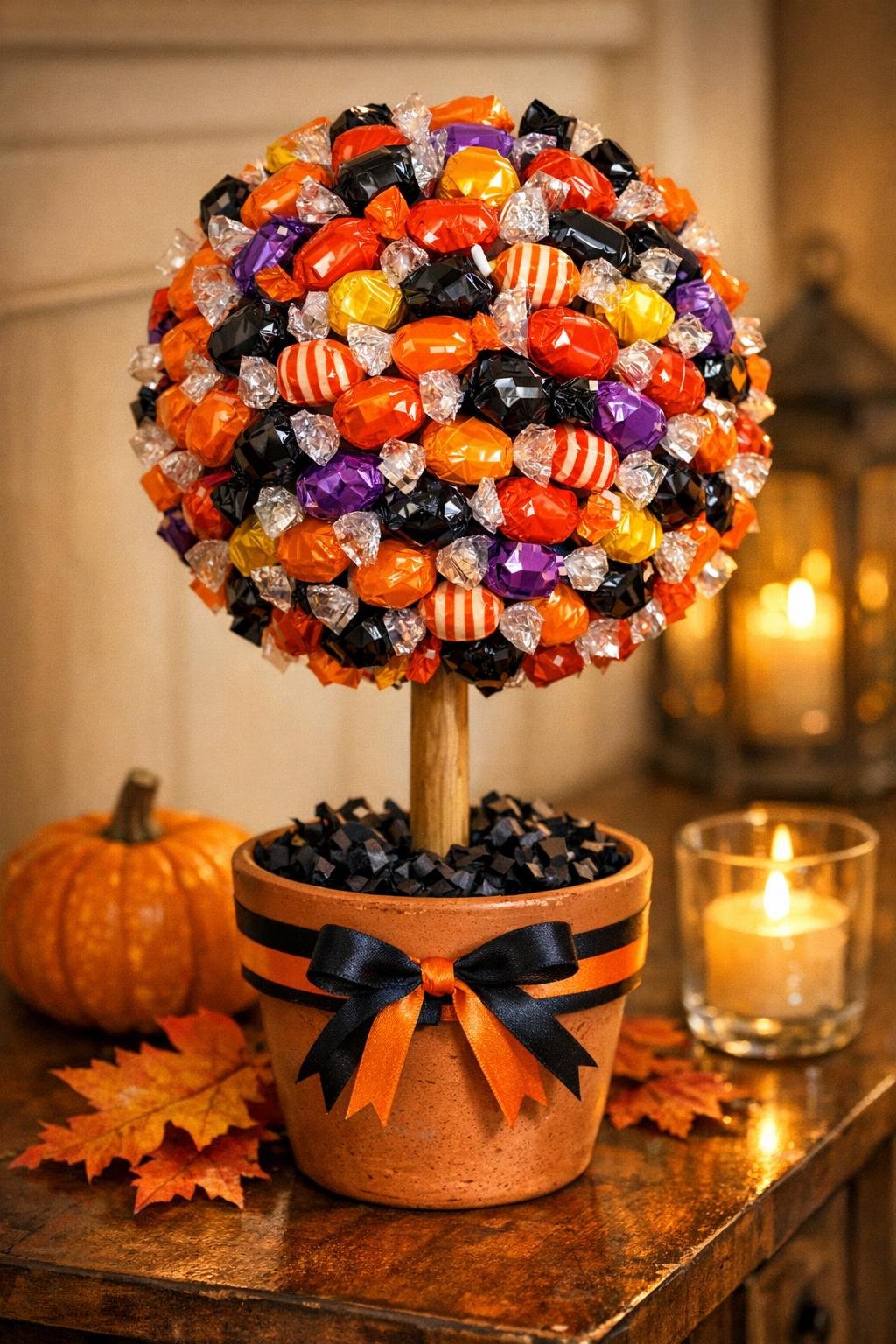 Finished Halloween candy topiary displayed on a decorated table