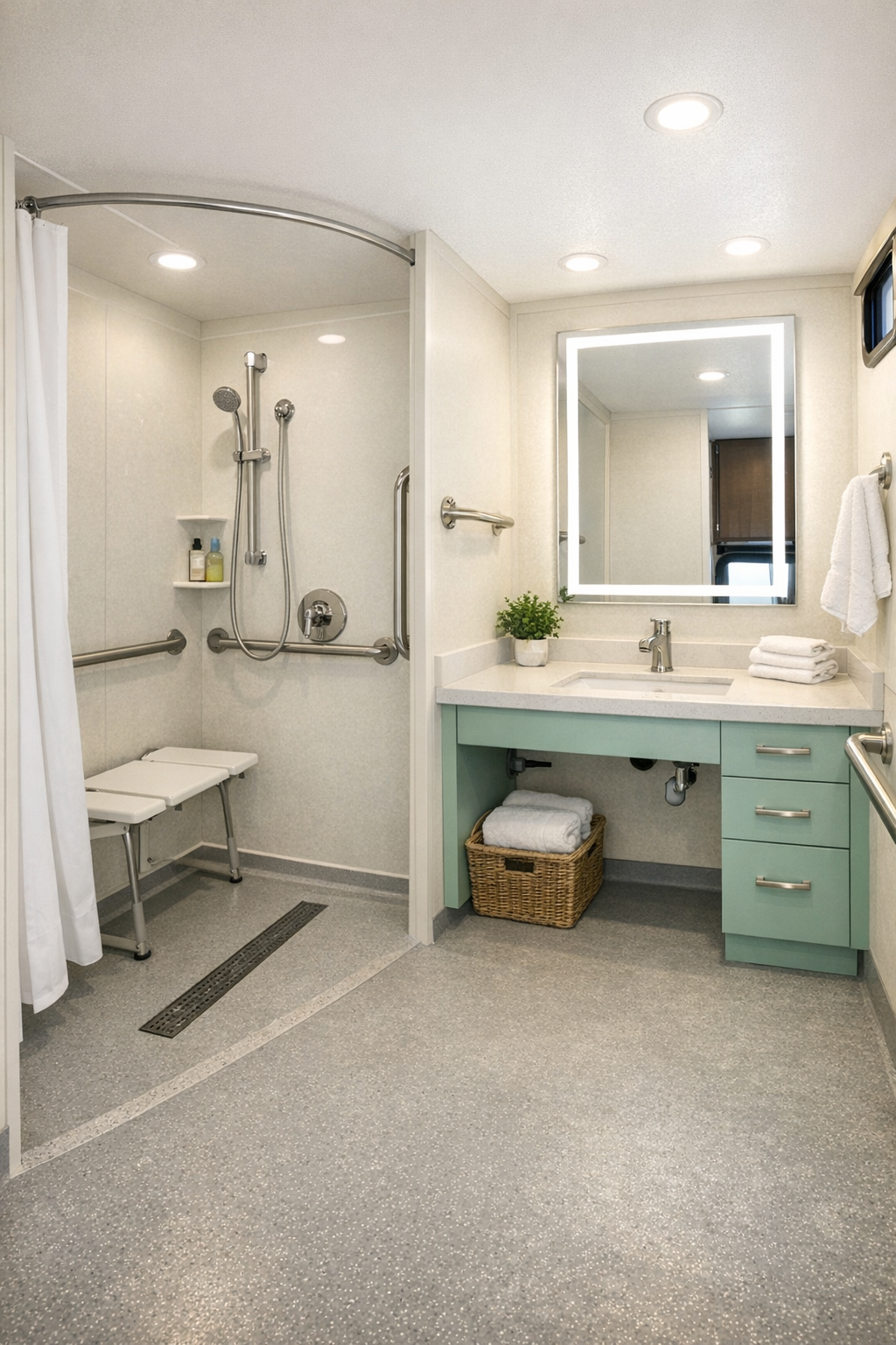 Bright accessible RV bathroom with roll-in shower and mint vanity accents