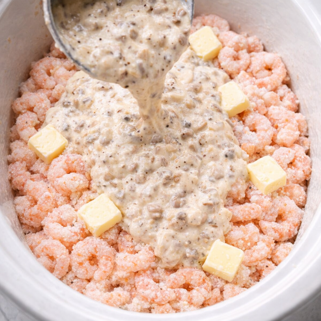 Creamy seasoned sauce poured over shrimp in the slow cooker