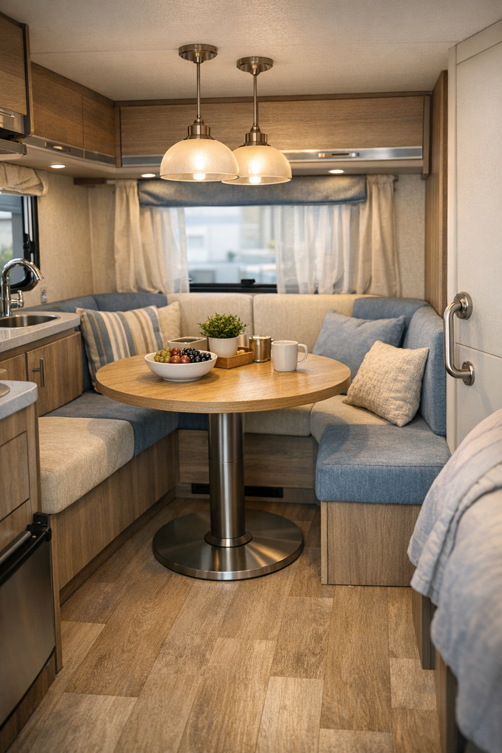 Light oak dining nook inside an accessible RV camper with banquette seating