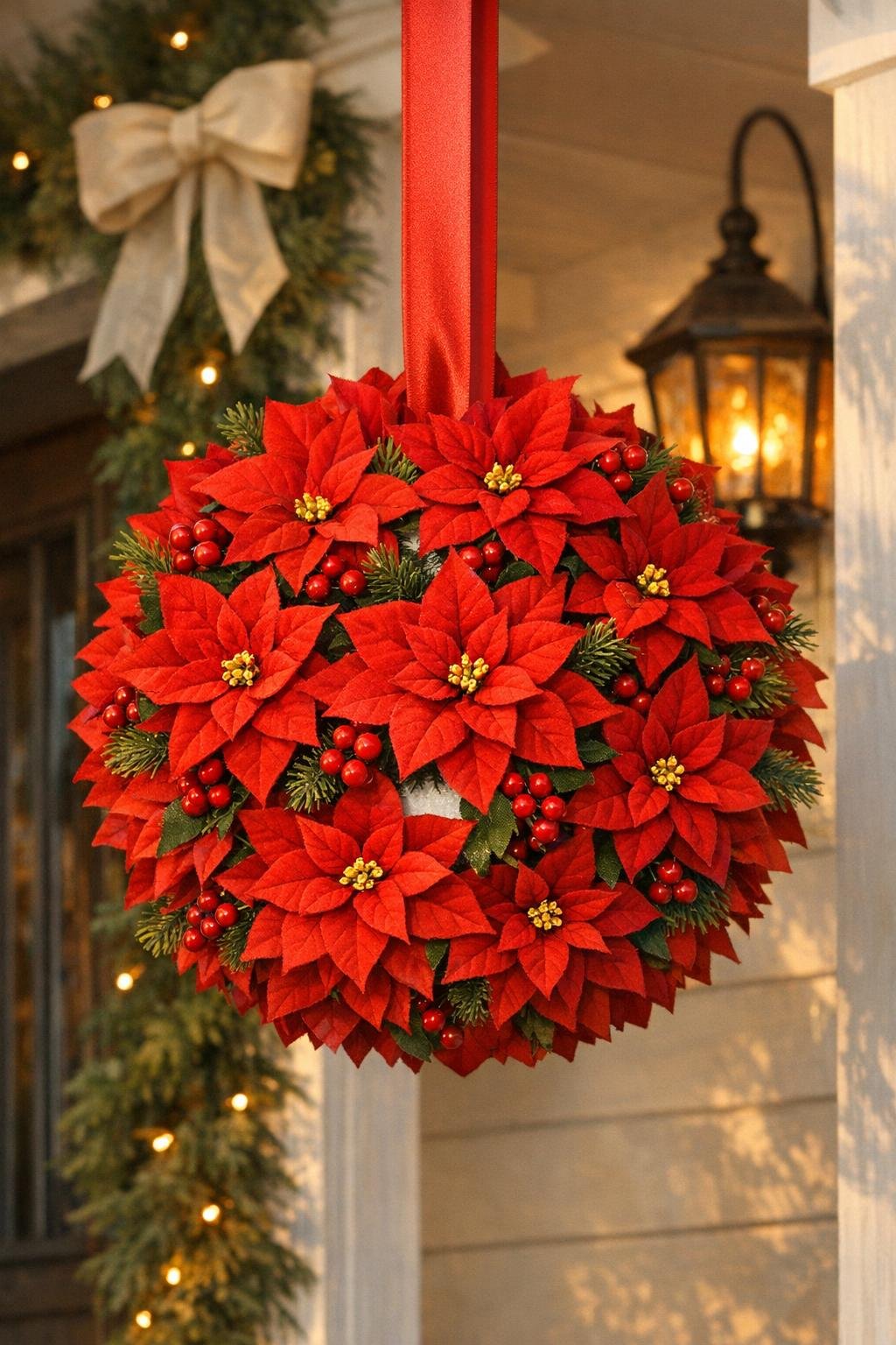 Finished poinsettia kissing ball hanging on a covered porch