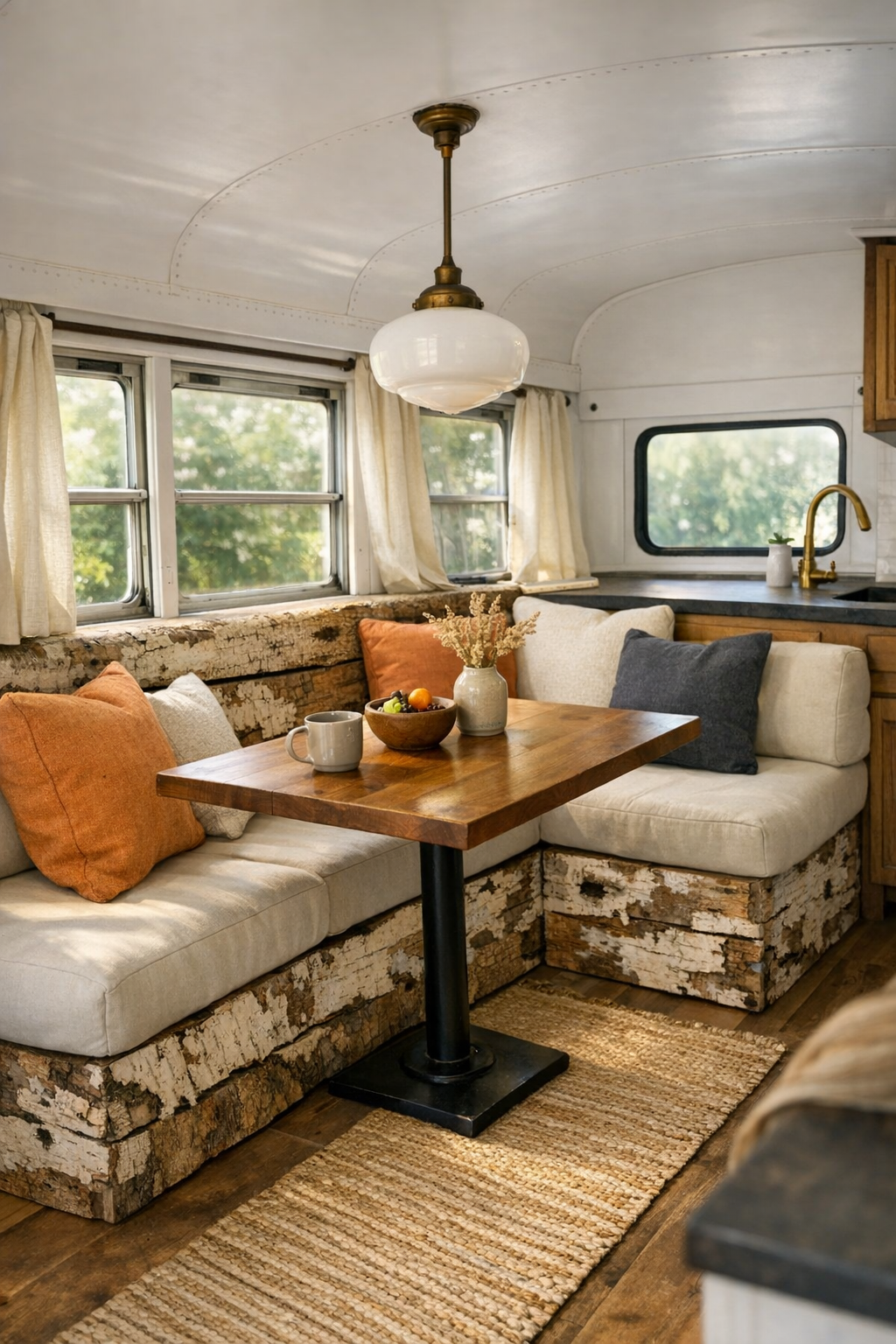 Compact dining nook in the bus with birch banquette and wood table