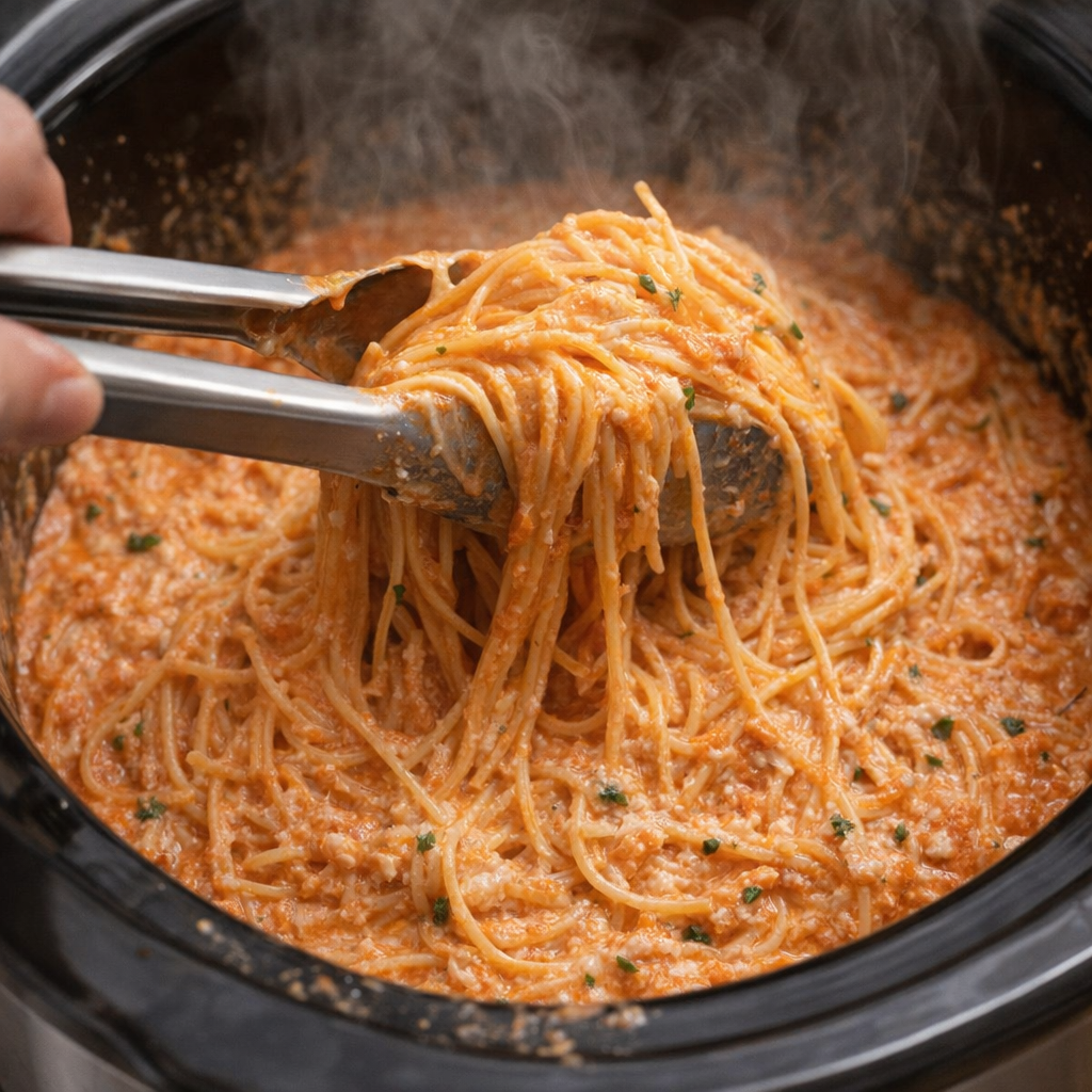 Angel hair pasta being tossed in the slow cooker
