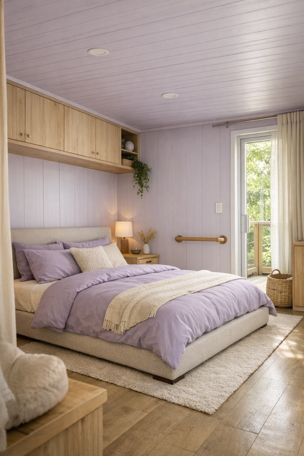 Serene bedroom with soft lavender bedding, warm wood details, and accessible layout