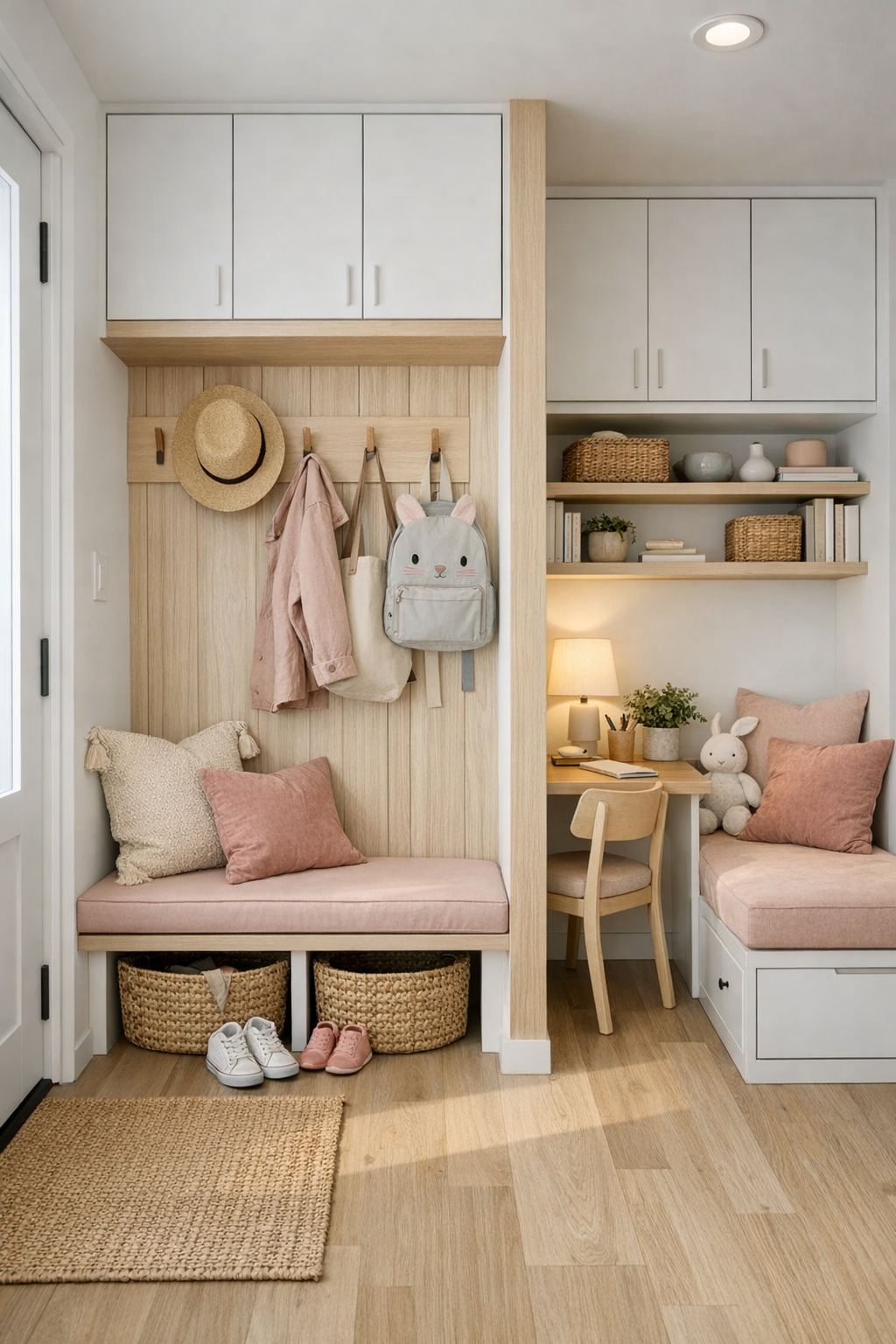 Tiny home entry and multiuse nook with built-in bench, storage, and soft blush accents