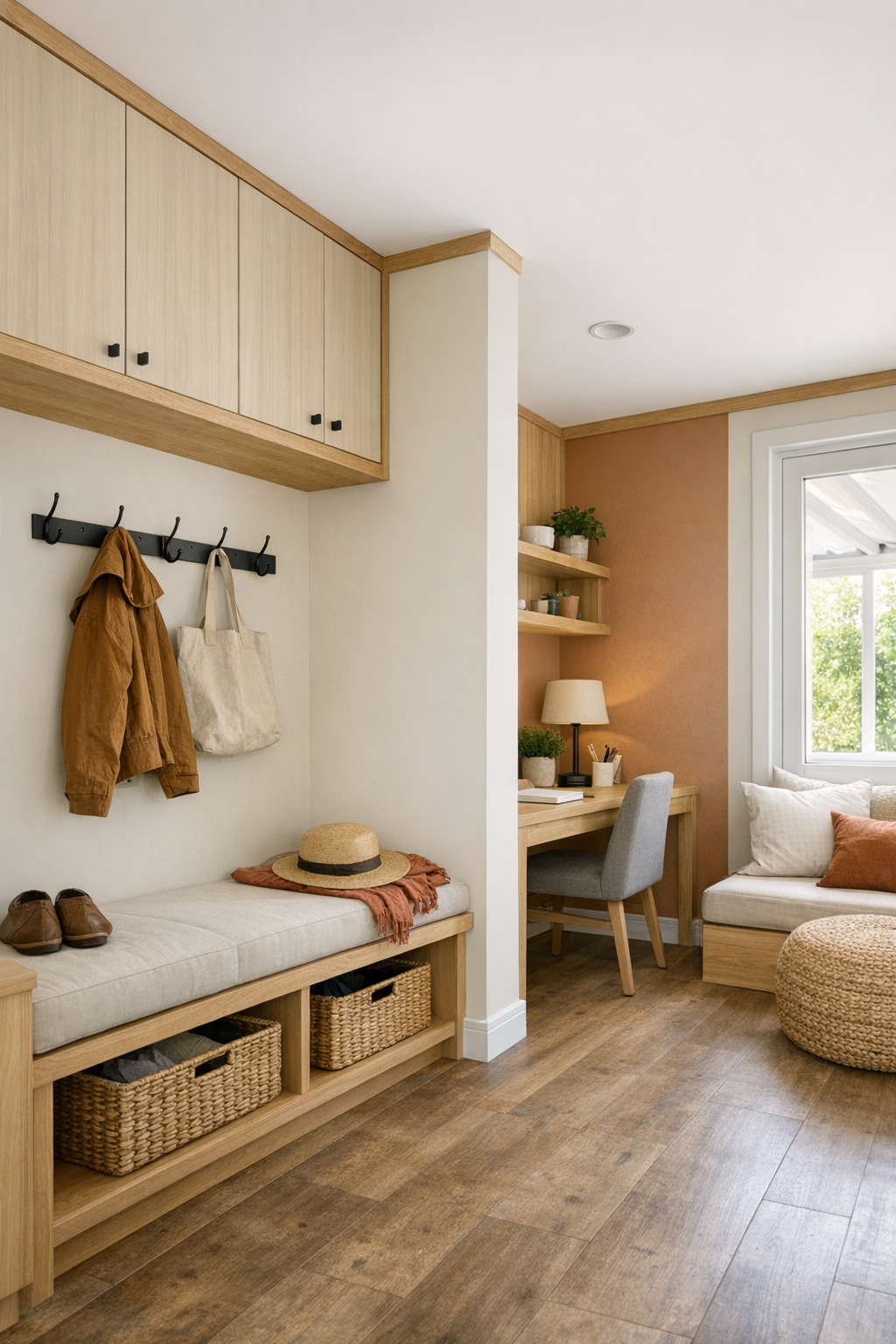 Organized entry and flexible family area with built-in storage