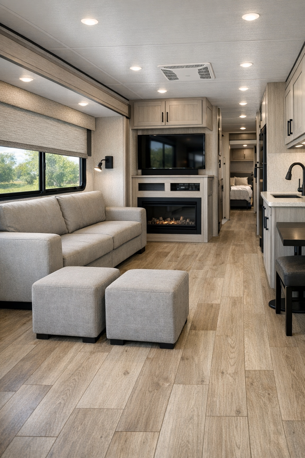 Accessible RV living room with soft neutral seating and wide circulation space