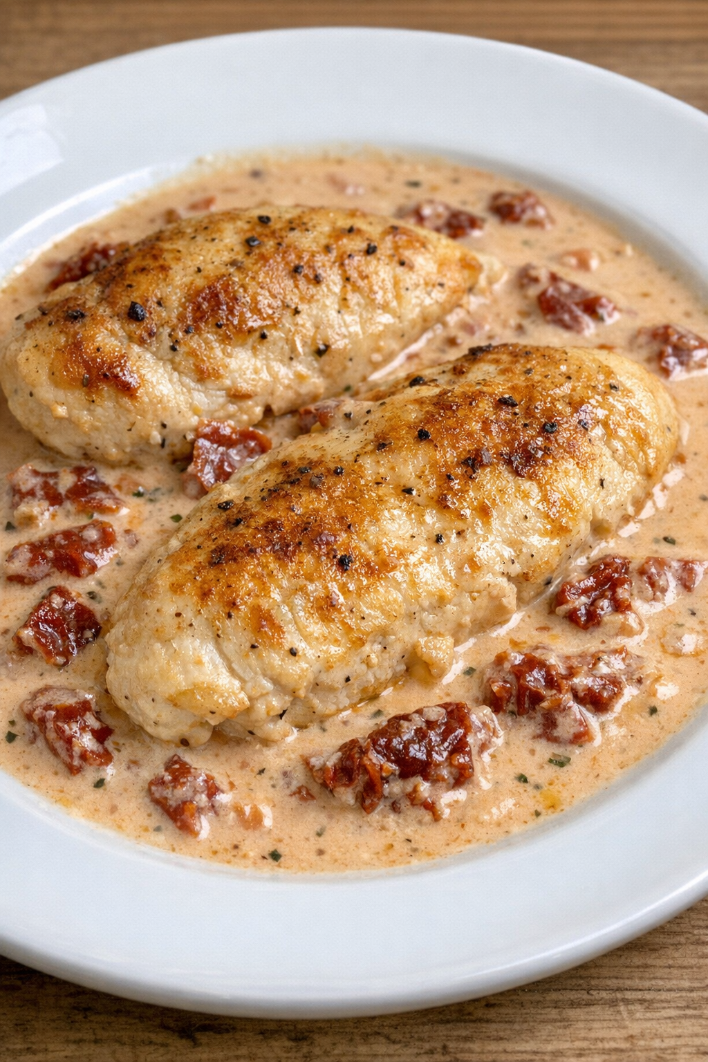 Creamy sun dried tomato chicken plated with pink tomato cream sauce