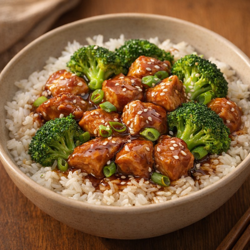 Bowl of teriyaki chicken and broccoli served over white rice
