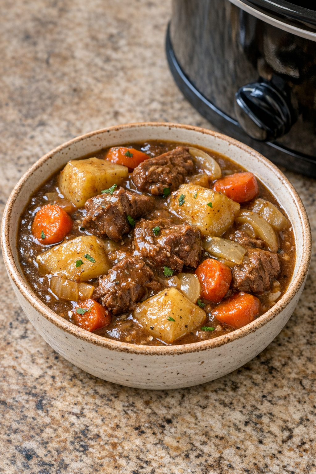 Finished beef stew in a bowl with potatoes and carrots