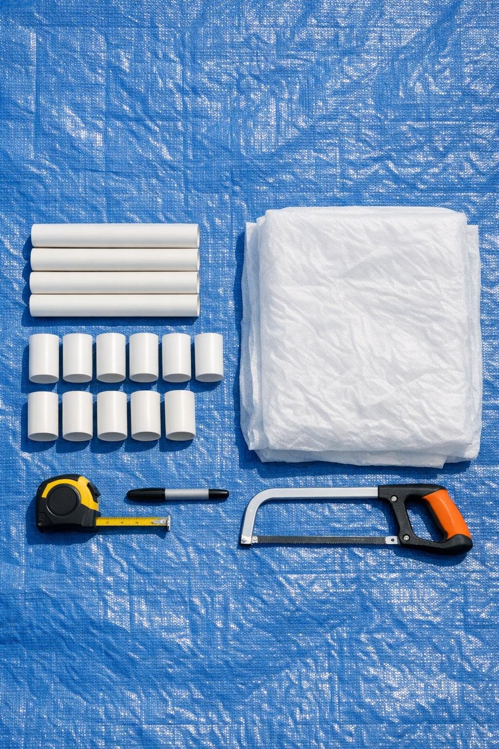PVC pipe sections, frost cloth, and cutting supplies laid out on a tarp