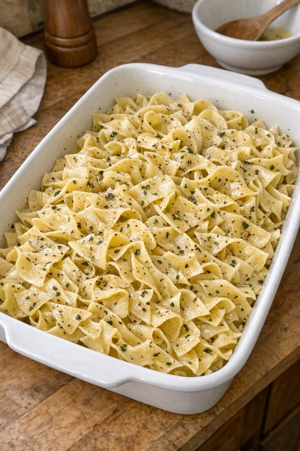 Finished baked herb noodle dish in a casserole dish