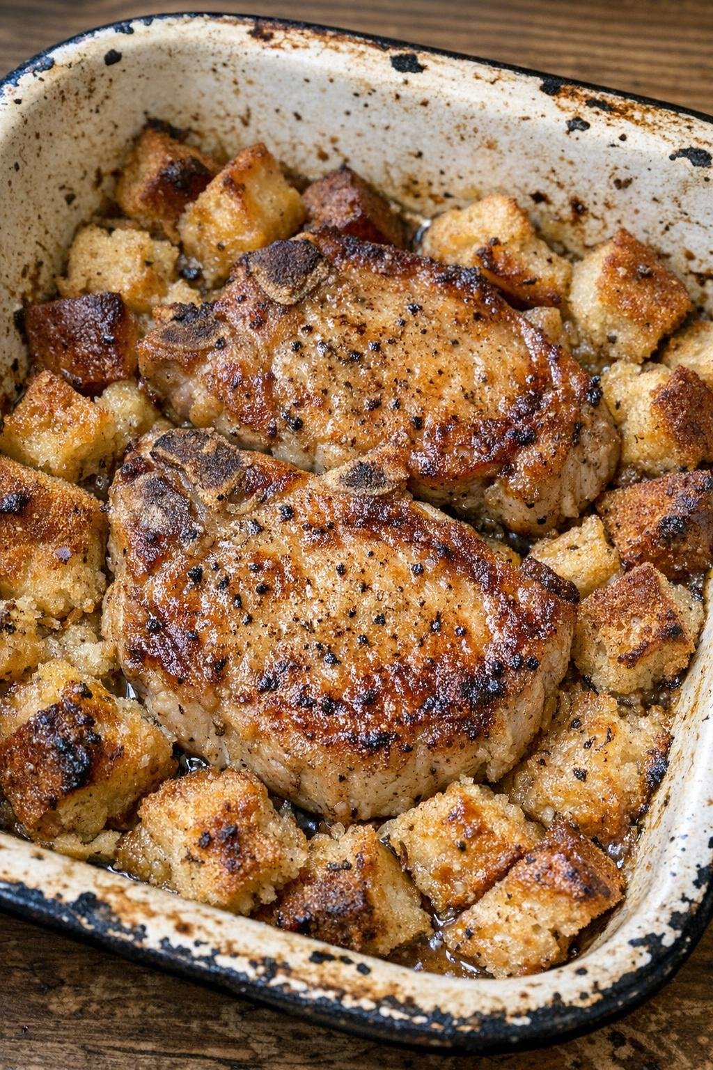 Golden brown pork chops baked over toasted bread in an enamel dish