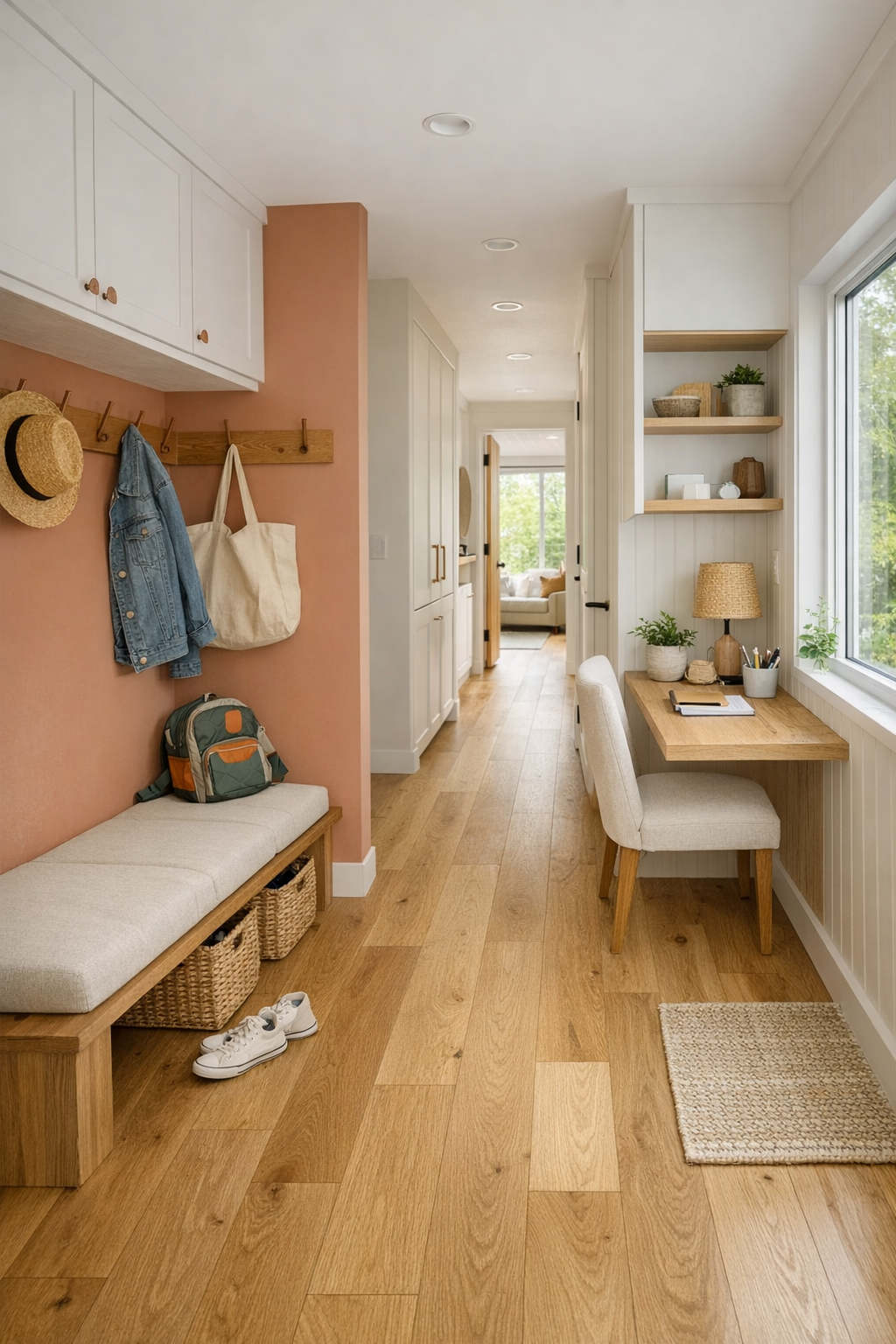 Bright entry and hallway with built-in bench and warm oak flooring