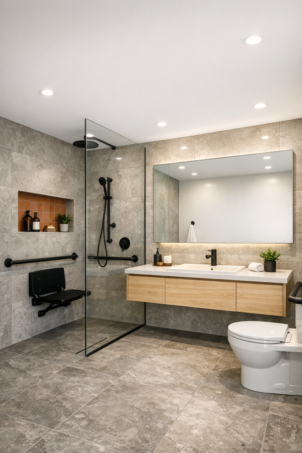 Warm modern bathroom with a curbless shower and pale wood vanity