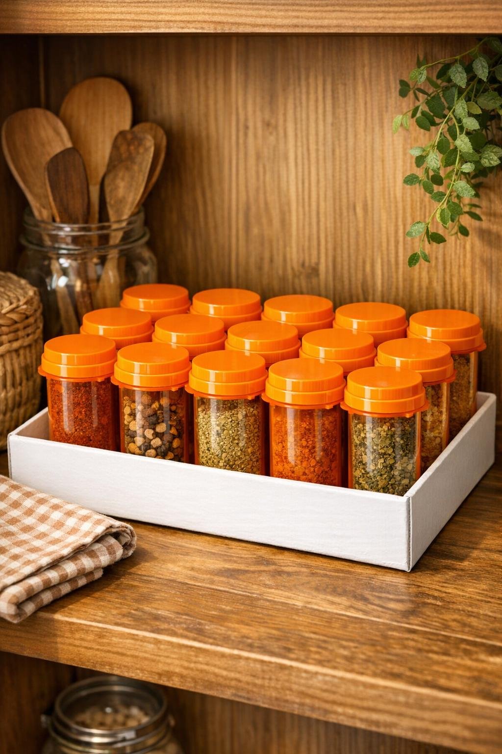 Finished pill bottle spice rack organizer in a kitchen pantry