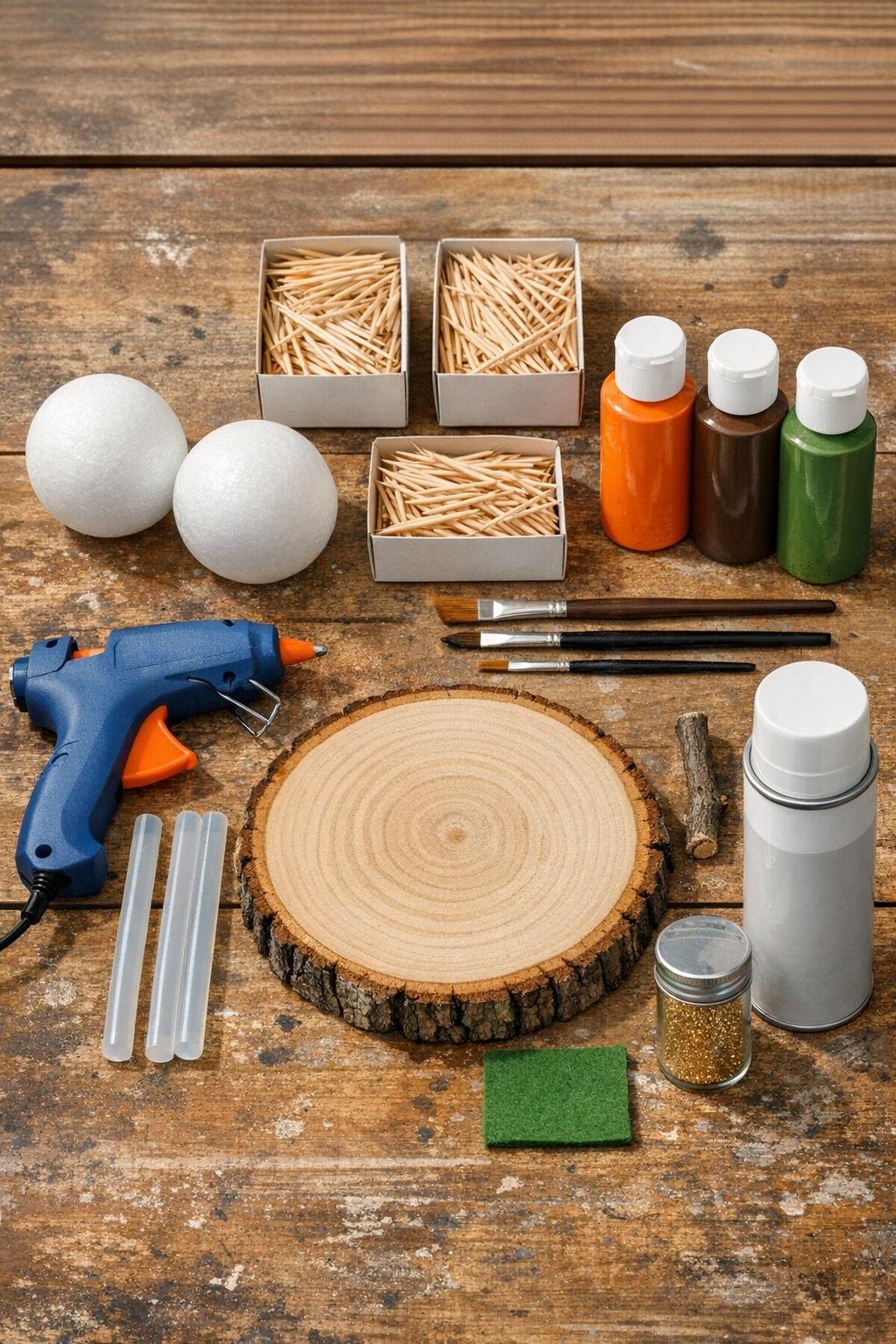 Materials for making a toothpick pumpkin centerpiece laid out on a work surface