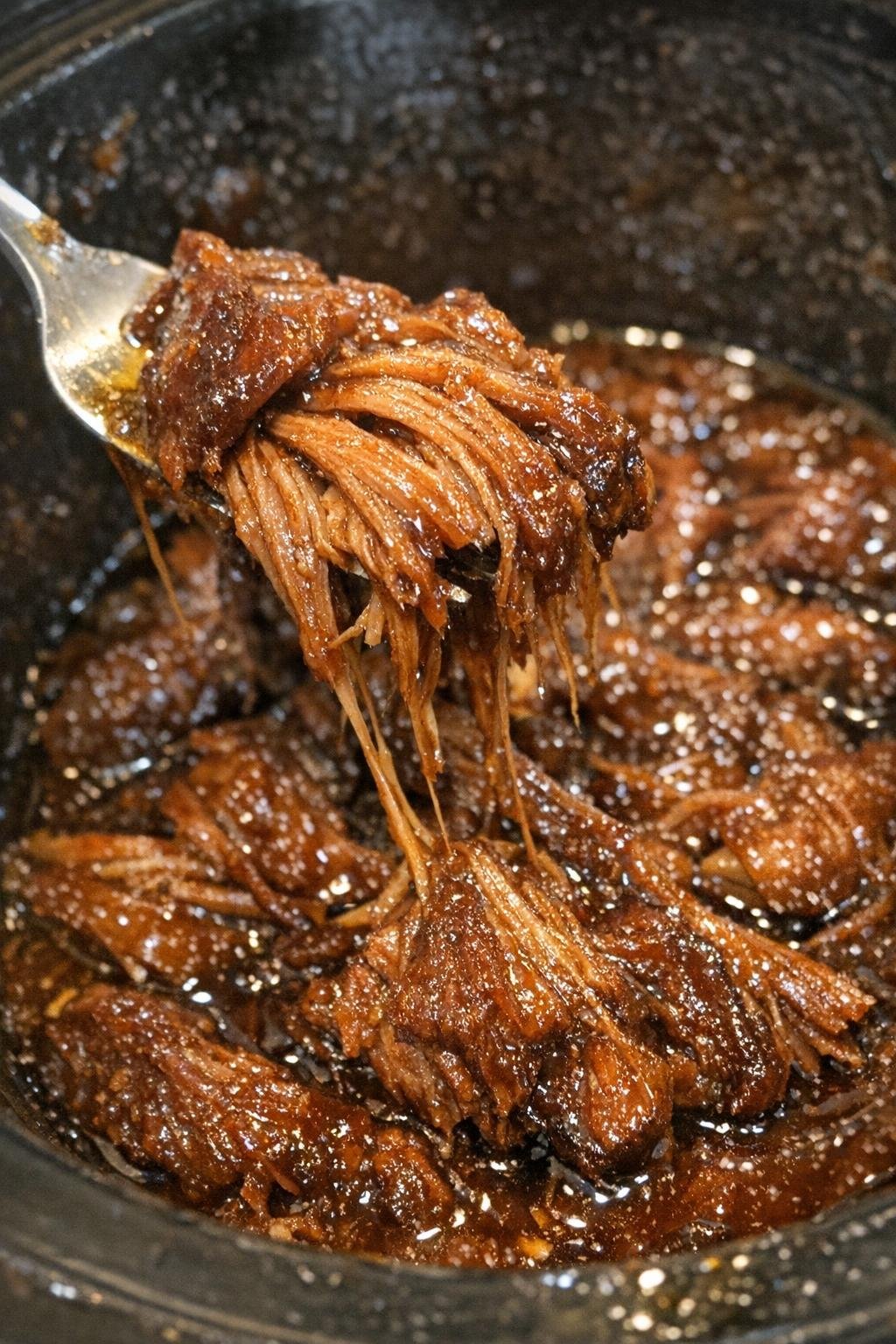 Slow-cooked glazed fibrous protein in a slow cooker