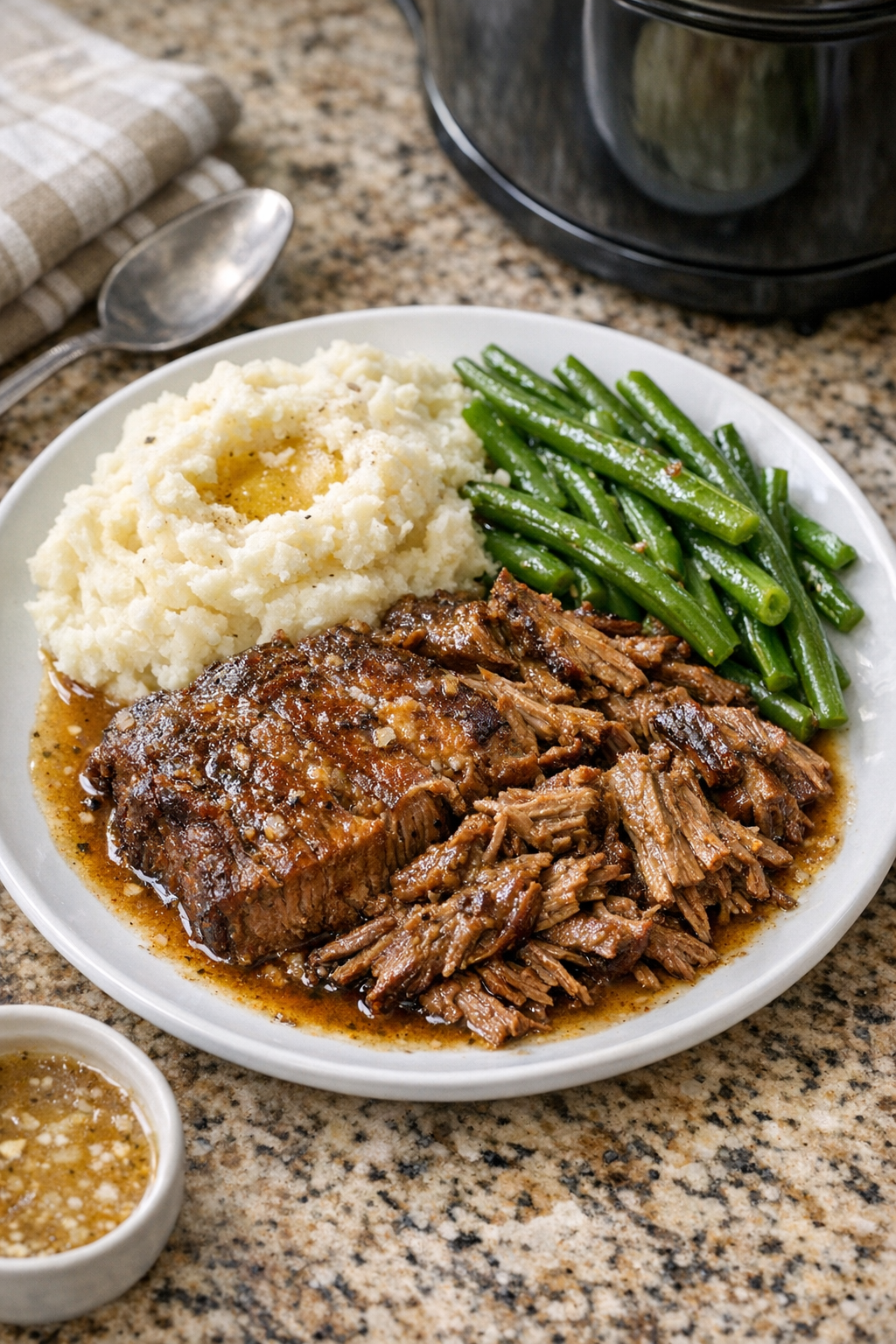 Finished Amish horseradish beef plated with sauce