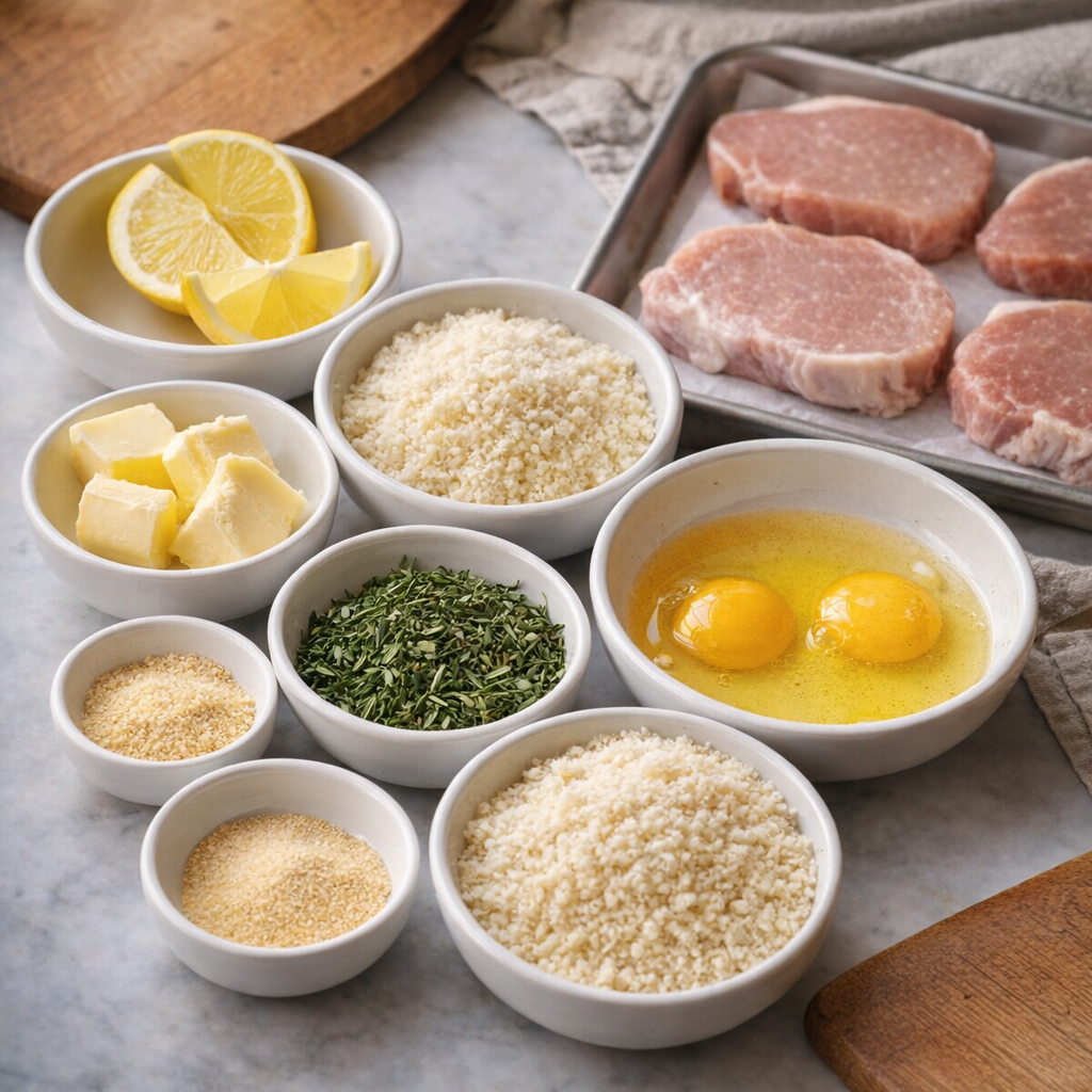 Ingredient setup for Parmesan-crusted pork chops
