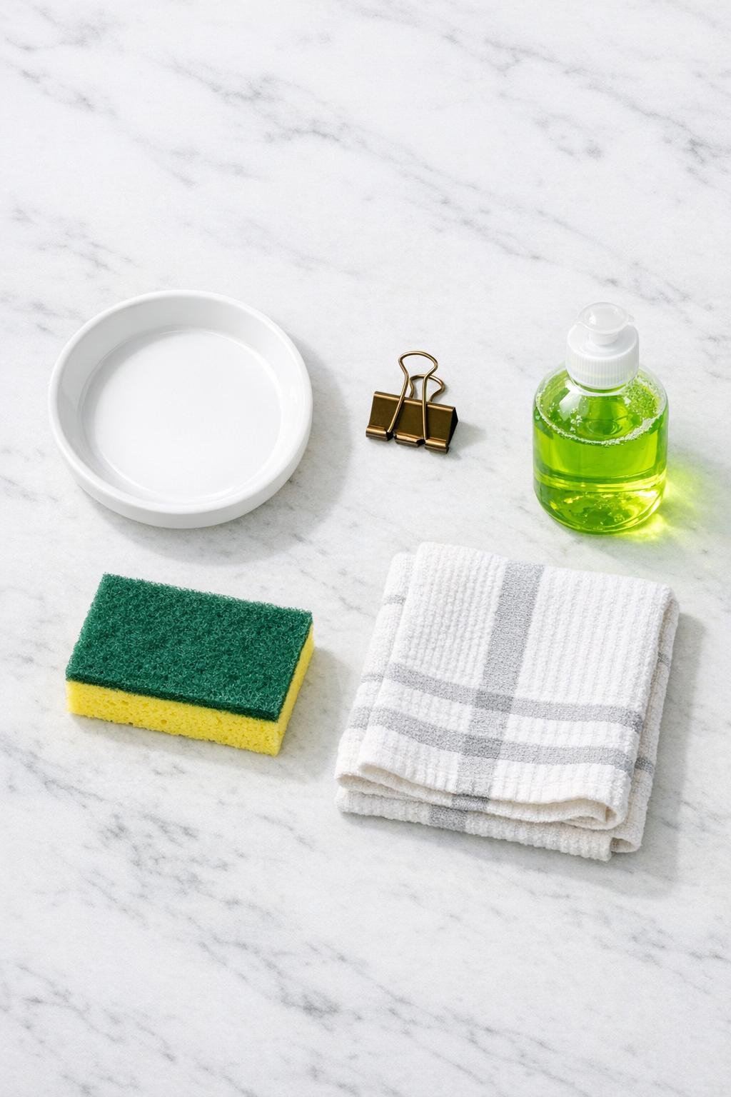 Materials for a ceramic saucer sponge holder laid out together