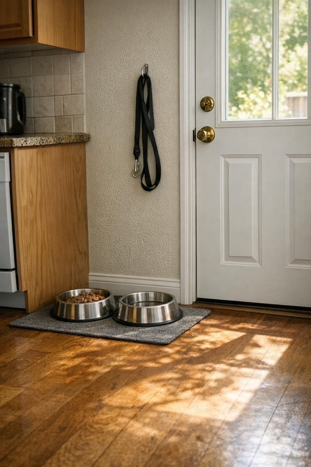 Dog bowls and a leash by a kitchen door