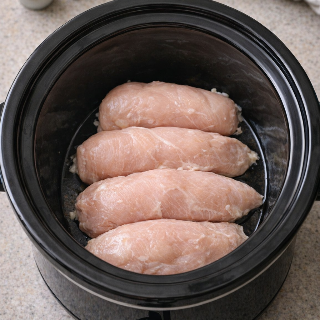Chicken breasts arranged in a slow cooker before sauce is added
