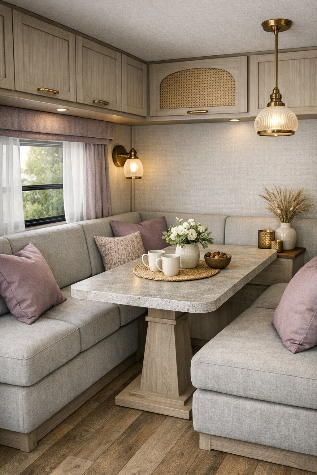 Compact RV dining nook with banquette seating and a pale wood pedestal table