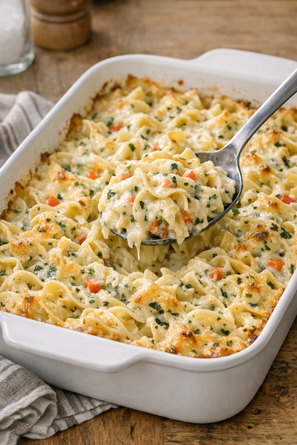 Finished baked garden herb cream noodles in a casserole dish