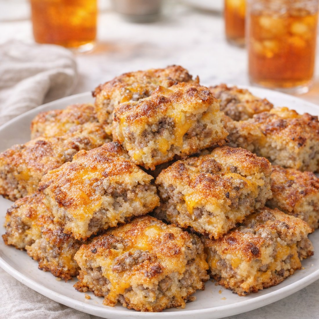 Plate of cheesy sausage squares on a family-style table