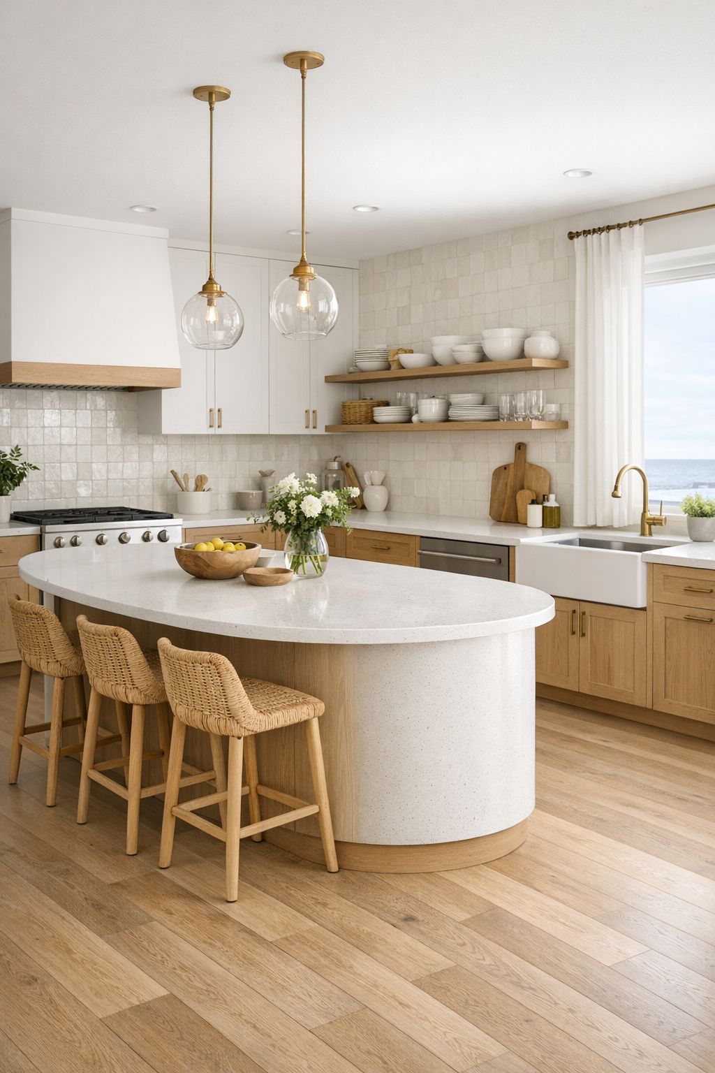 Accessible coastal kitchen with pale wood cabinetry and quartz island