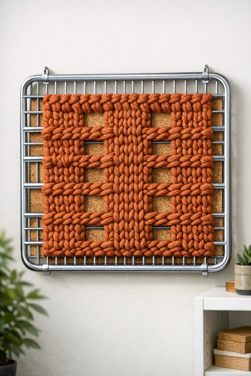 Finished crochet oven rack bulletin board in rust orange with cork backing