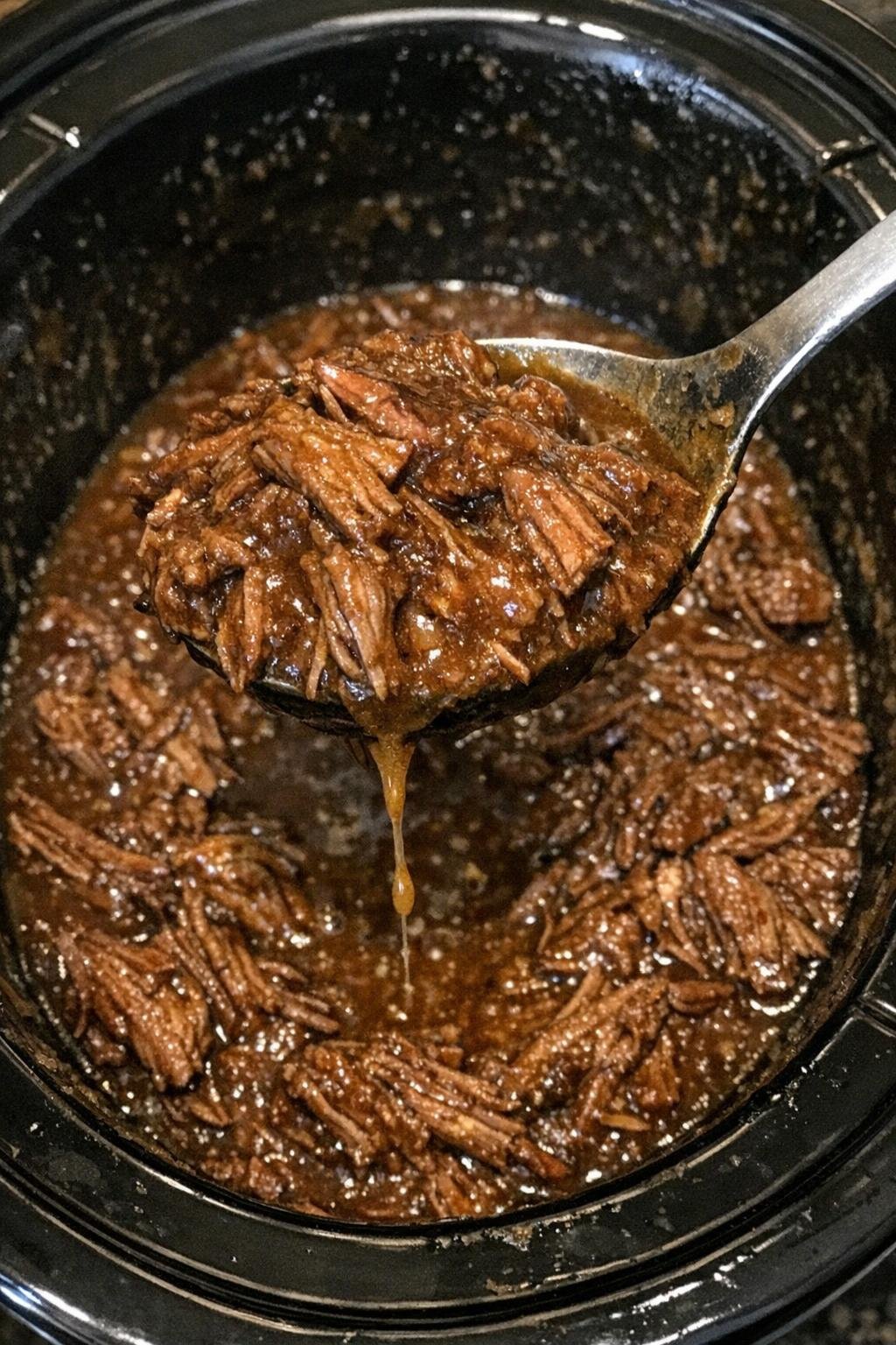 Chuck roast shredding in brown gravy in a slow cooker