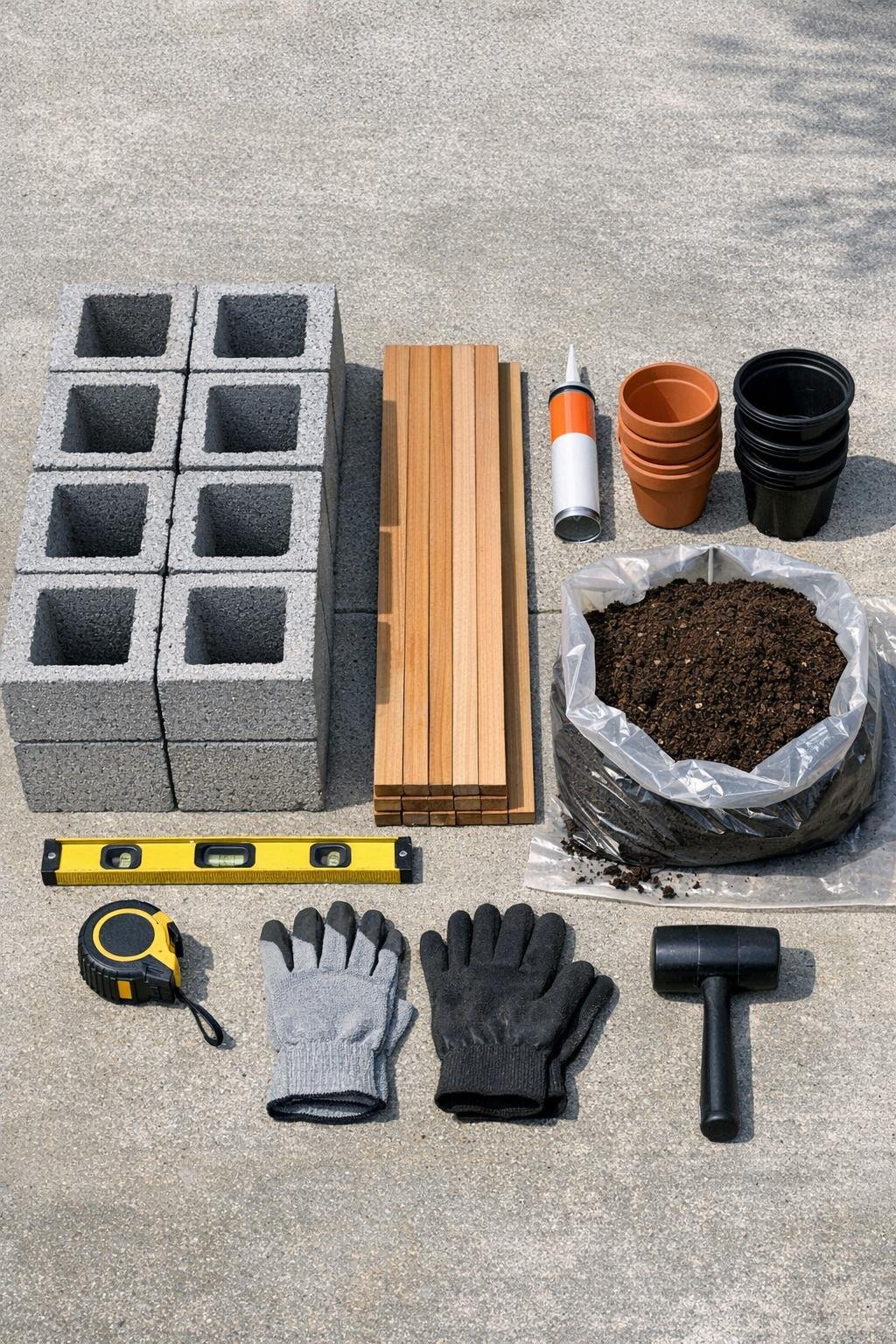 Cinder blocks, cedar slats, landscape adhesive, pots, and basic tools laid out together
