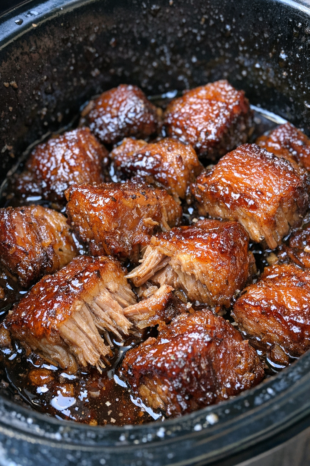 Slow cooker pork belly in glossy amber sauce