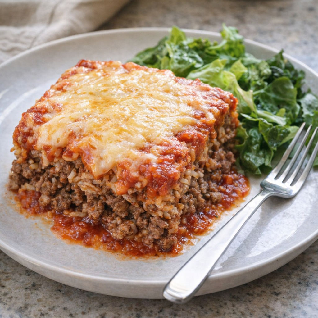 A plated serving of stuffed pepper casserole with salad on the side
