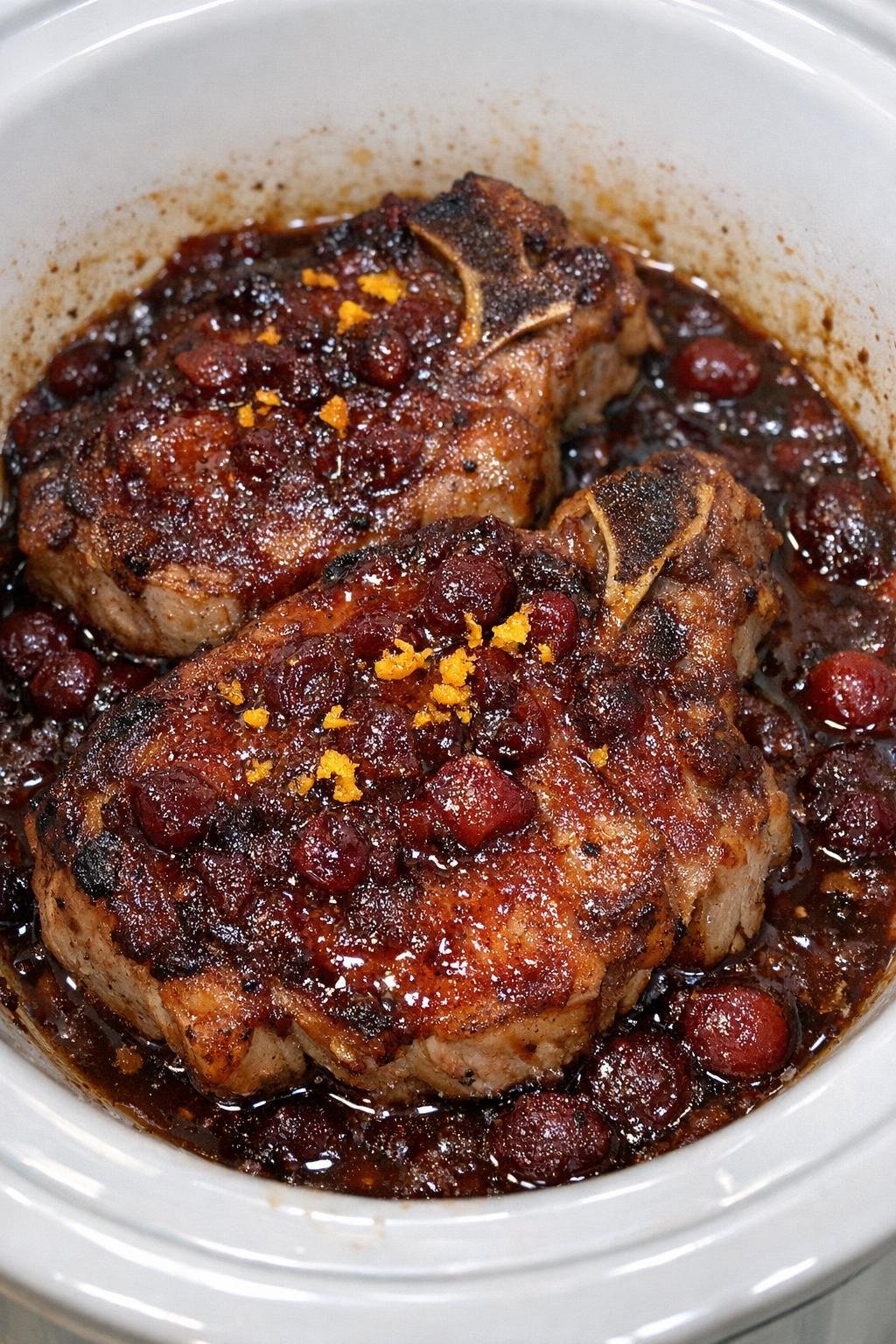 Slow cooker cranberry orange pork chops finished in the cooker