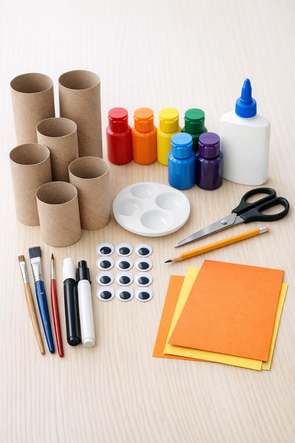Materials for making a cardboard roll owl family laid out on a table