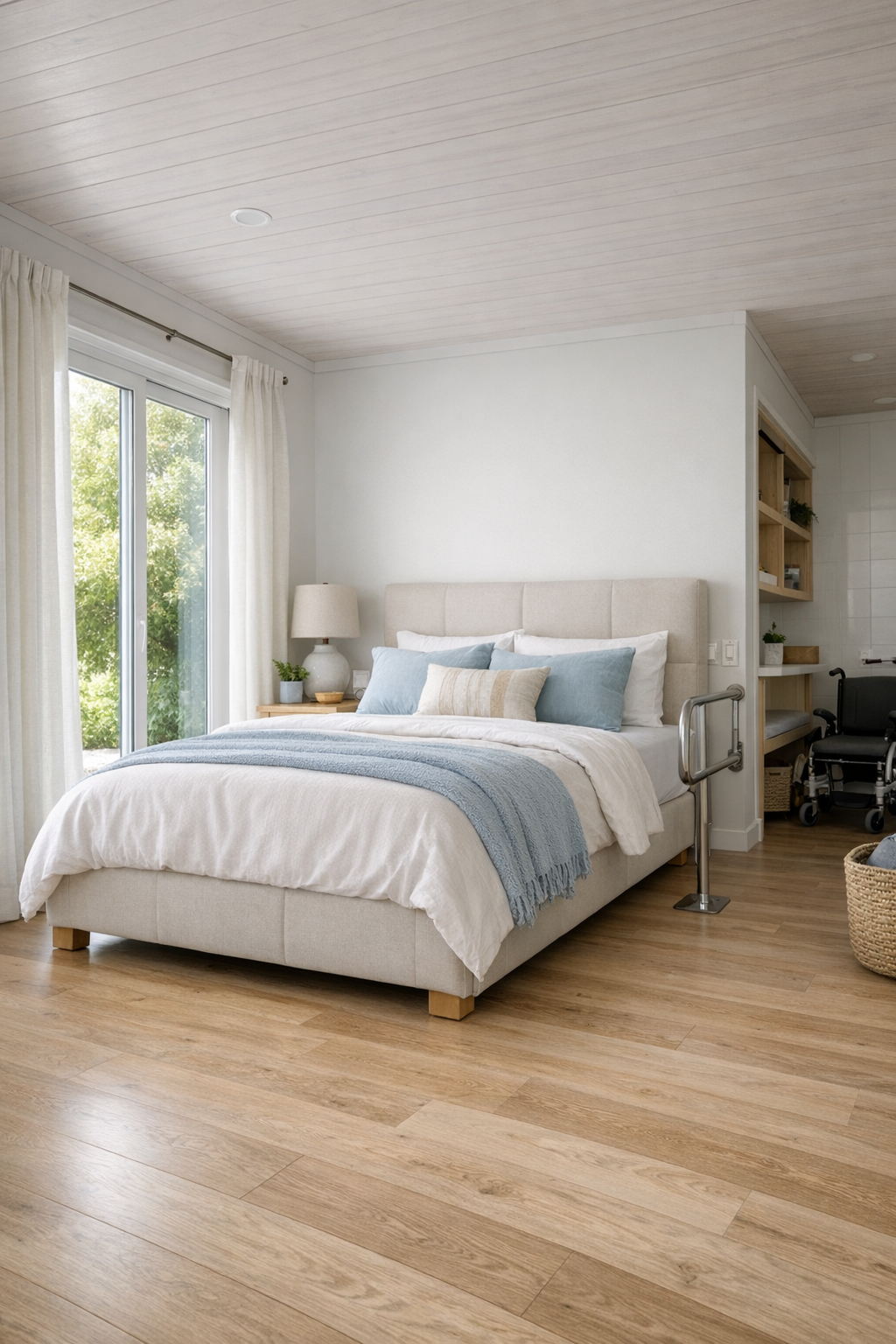 Serene accessible bedroom with pale blue accents, upholstered bed, and layered natural textiles