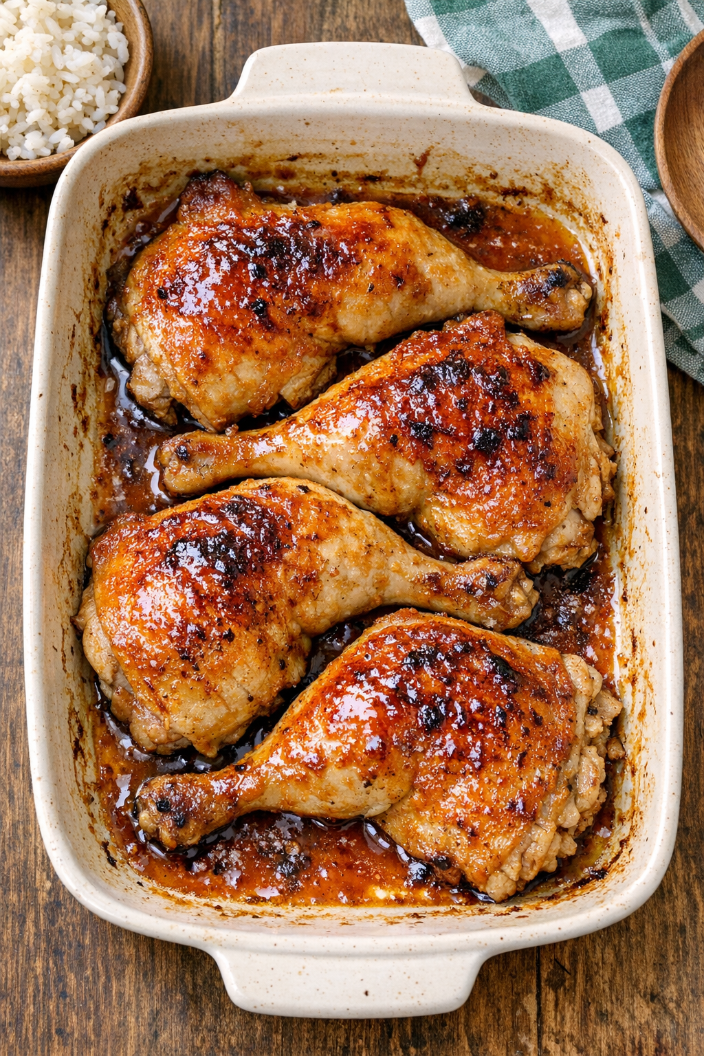 Finished glazed chicken leg quarters in a ceramic baking dish