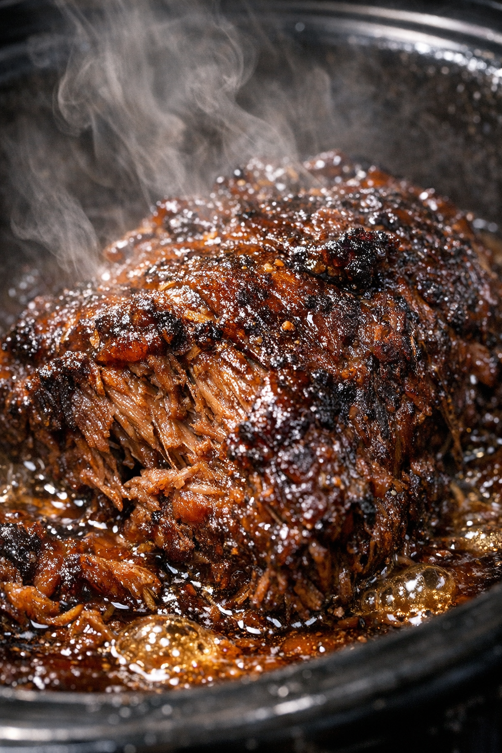 Slow cooker fibrous protein mass simmering and caramelized