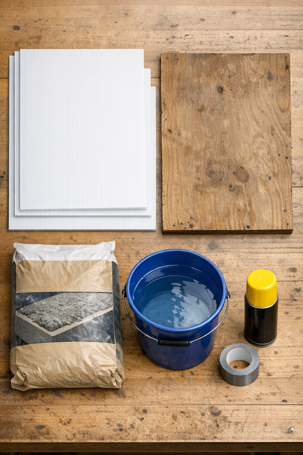 Materials for making ridged cement garden edging laid out on a work surface