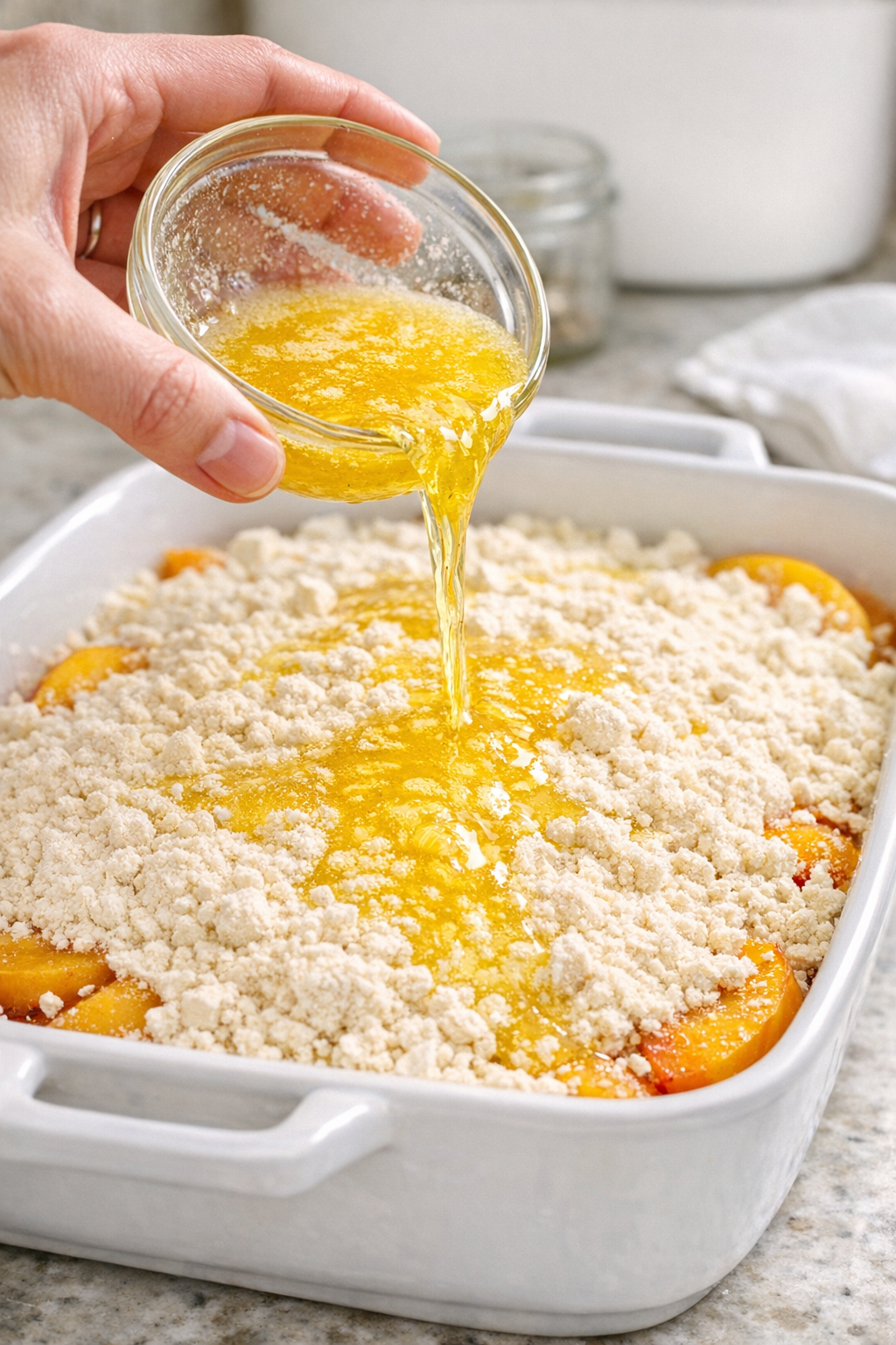Melted butter drizzled over cake mix