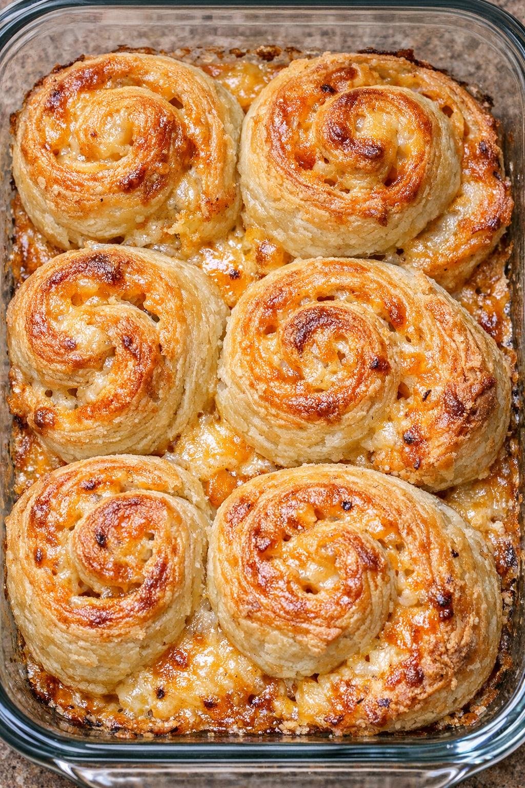 Southern smoky cheese pinwheels baked golden in a glass casserole dish